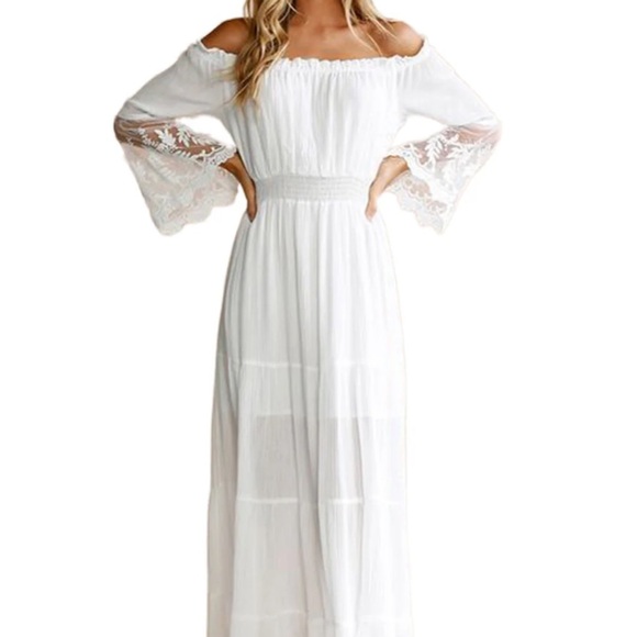 Women white boho off shoulder maxi dress photoshoot - Picture 4 of 10